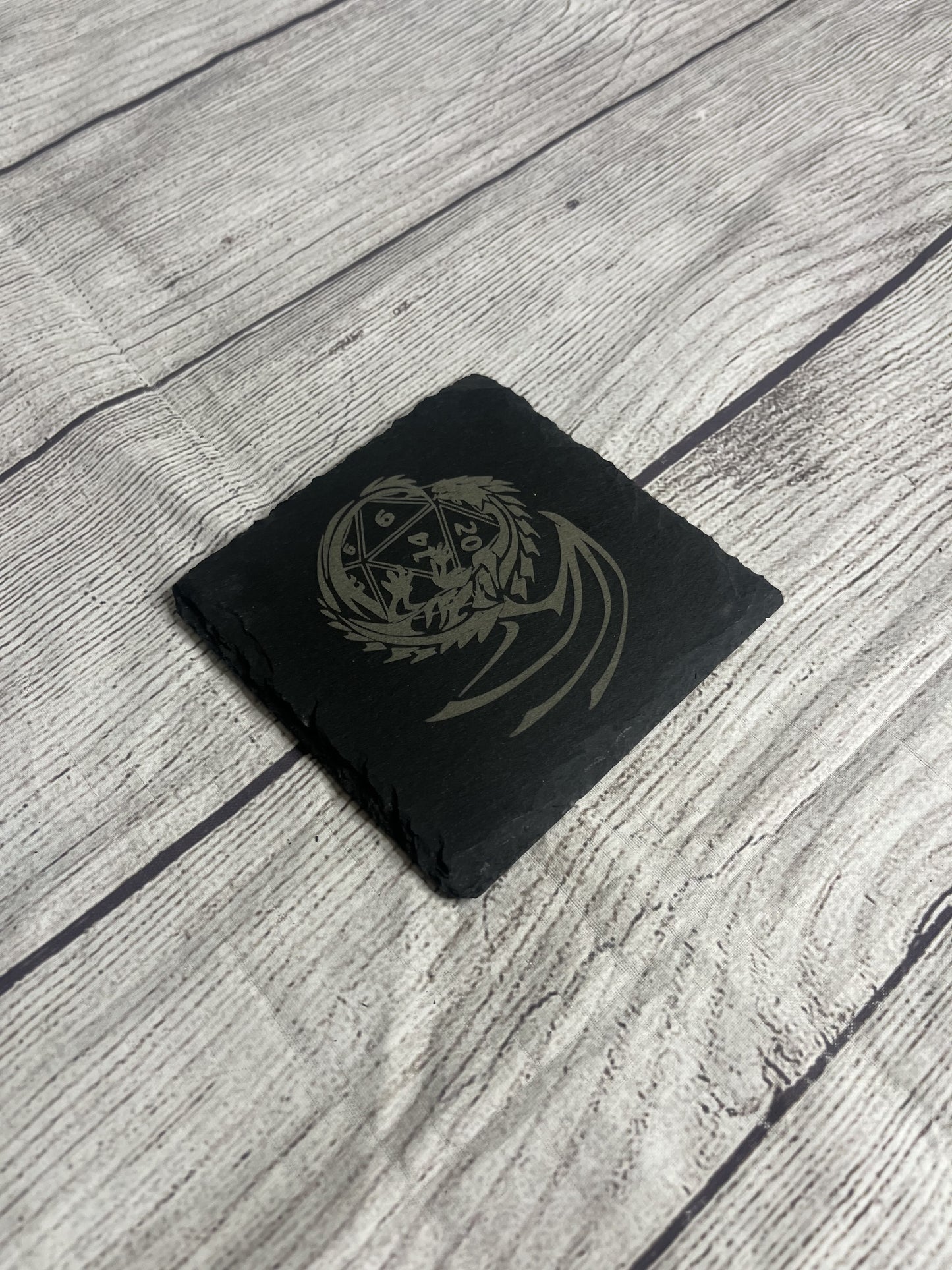 DnD Dragon and Dice Laser Engraved Slate Coasters