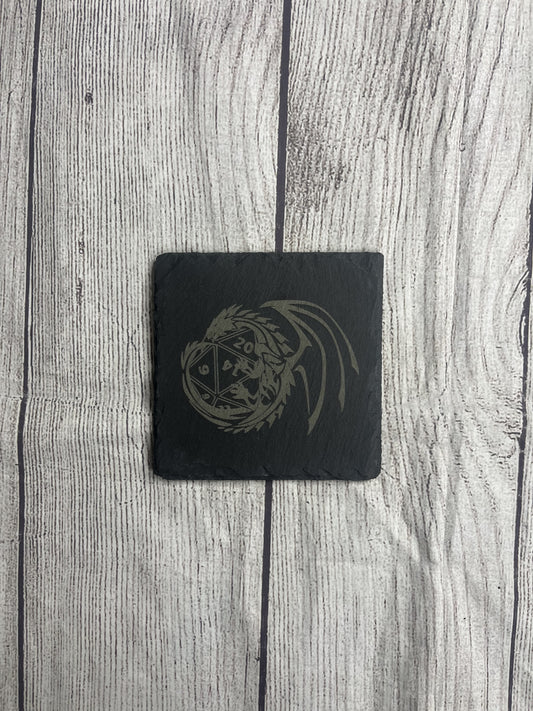 DnD Dragon and Dice Laser Engraved Slate Coasters